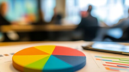 Poster - Colorful pie chart in the foreground with blurred business meeting in the background