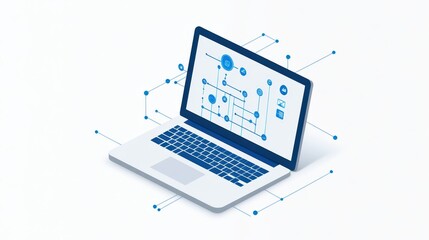 Wall Mural - Modern laptop showing a digital network diagram with blue nodes and connections, illustrating technology and data visualization.