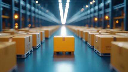 Poster - Modern warehouse with automated robots moving boxes, showcasing high-efficiency logistics and advanced warehouse management systems.