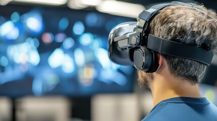Fototapete - Man using virtual reality headset, immersed in digital experience. Futuristic technology concept with VR goggles and blurred background.