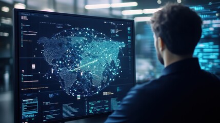 Leinwandbilder - Man analyzing global data network on large screen in futuristic office, highlighting international communication and technology.
