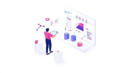 Poster - Isometric illustration of a person analyzing data on a futuristic digital interface, representing data science and technology.