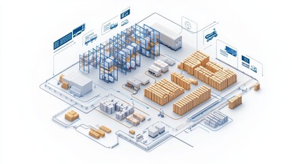 Poster - Isometric illustration of a modern warehouse with organized storage racks, pallets, and logistics operations