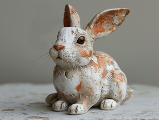 Sticker - White and Brown Ceramic Rabbit Figurine - Cute Animal Sculpture