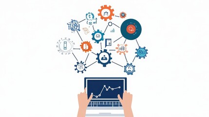 Poster - Image of business analytics and data visualization on a laptop screen with network connections and various technology icons.