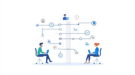 Fototapete - Illustration of team collaboration and data workflow between two people working on laptops with interconnected icons and paths.