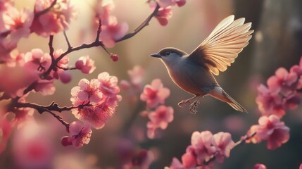 Naklejka na meble Detailed shot of a bird flying close to a blooming tree, with flowers and bird in sharp focus