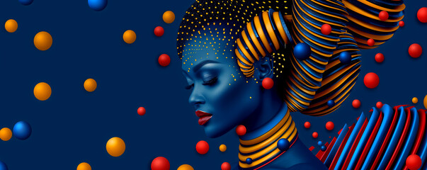 Wall Mural - A woman with a blue face and orange hair is surrounded by a bunch of colorful balls. The image is a work of art that showcases the woman's beauty and the vibrant colors of the balls