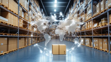 Poster - Global supply chain logistics concept with warehouse storage and world map showing interconnected shipping and distribution.