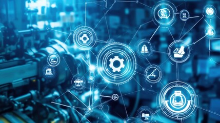 Fototapete - Futuristic industry 4.0 concept with smart technology icons and network connections representing advanced manufacturing and digital transformation.