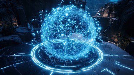Fototapete - Futuristic holographic sphere filled with glowing blue lights and intricate patterns, set in a mysterious and dark environment.