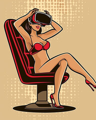 Wall Mural - A woman in a red bikini is sitting on a red chair. She is wearing a virtual reality headset