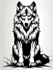 Wall Mural - A black and white drawing of a wolf sitting on the ground. The wolf has a fierce expression on its face and its fur is long and fluffy. Concept of strength and power, as well as a wild