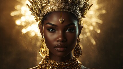 Wall Mural - Beautiful black woman posing in luxurious golden dress and headwear