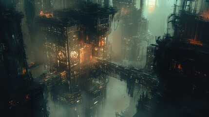 Sticker - An Aerial View of a Foggy, Futuristic Cityscape with Glowing Windows