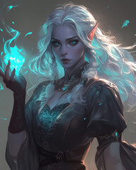 Wall Mural - elf with striking blue eyes and flowing white hair holding a glowing orb of energy dressed in dark clothing against a soft lit background