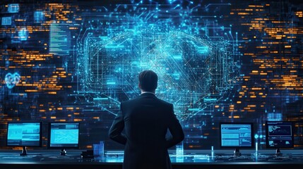Aufkleber - Businessman analyzing futuristic digital screen with holographic data, technology interface for big data analysis in modern control room.