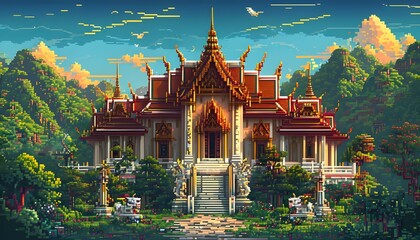 Wall Mural - A vibrant and intricate pixel art landscape featuring a traditional Thai temple set against a backdrop of lush green hills