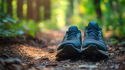 A pair of worn running shoes sits on a dirt trail surrounded by vibrant green trees, suggesting a recent outdoor adventure in nature during warm weather