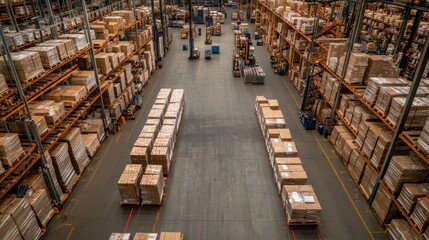 Poster - Aerial view of a busy, organized warehouse filled with shelves and pallets, representing logistics, storage, and supply chain management.