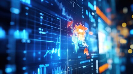 Poster - Abstract digital world map with data visualization and technology network. Modern global business analysis concept.