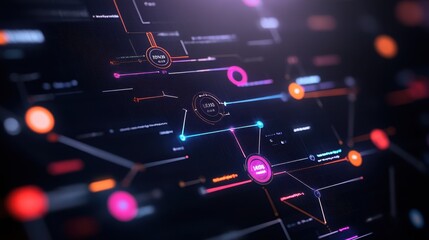 Fototapete - Abstract digital network interface with nodes and connections on a black background, showcasing modern technology and data flow concept.