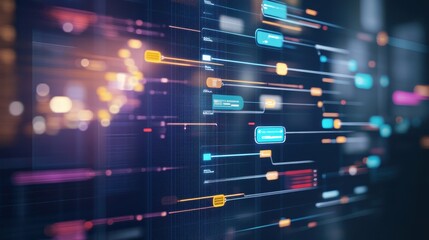 Fototapete - Abstract digital data visualization with vibrant nodes and connections representing technology and network structure in a futuristic design.
