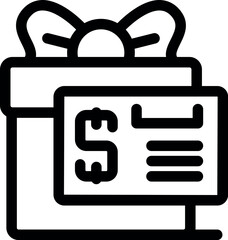 Sticker - Line art vector icon of a gift box with a document showing the price paid for the present