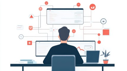 Aufkleber - A person working at a desk with multiple computer screens displaying data analytics and connected networks in a modern office setting.