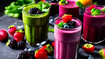 Canvas Print -  Fruity refreshment  A colorful array of smoothies and berries