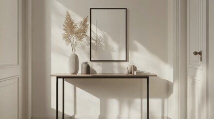Aufkleber - Detailed shot of a minimalist entryway with a sleek console table, a few decorative items, and a focus on clean lines and simplicity