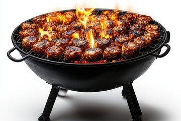 Poster - Round grill filled with meatballs grilling over hot flaming coals