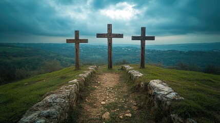 Three crosses standing on a hill under dramatic sky