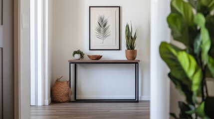 Aufkleber - Detailed shot of a minimalist entryway with a sleek console table, a few decorative items, and a focus on clean lines and simplicity