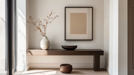 Aufkleber - Detailed shot of a minimalist entryway with a sleek console table, simple art, and clean lines