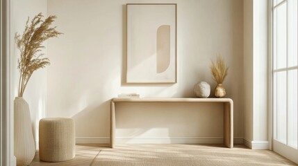 Aufkleber - Detailed shot of a minimalist entryway with a sleek console table, simple art, and clean lines