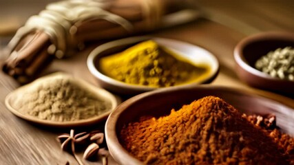 Poster -  Aromatic spices in wooden bowls ready to enhance your culinary creations