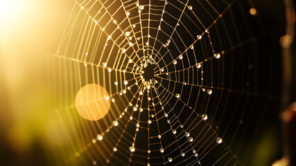 A close-up of dewdrops on a spider web glistening in the morning light
