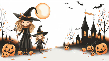 Halloween Festival : Cute witch ,witch hat,witch's wand,witch castle, orange moon ,maple leaf ,spider web , grave with copy space on white background.