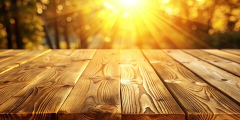 Wall Mural - Golden morning light illuminates rustic wooden planks with intricate natural grain patterns contrasting against a soft, creamy background.