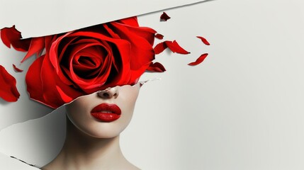 Woman and rose, beauty red background