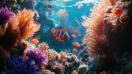 Poster - Anemonefish Swims Past Vibrant Coral Reef