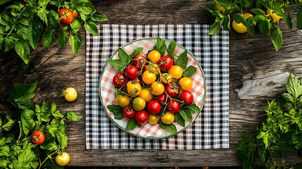 Wall Mural - rustic kitchen table adorned with a red and white gingham tablecloth, bordered by fresh green leaves and a mix of vibrant red and yellow tomatoes