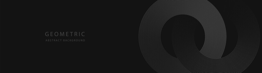 Wall Mural - abstract modern glowing geometric lines horizontal banner on dark black background. shiny black circ