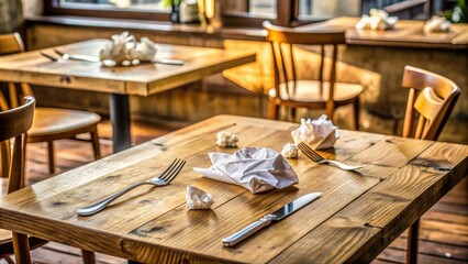 Empty wooden table with crumpled up paper and scattered utensils, conveying a sense of abandonment and lack of nourishment in a deserted eatery setting.