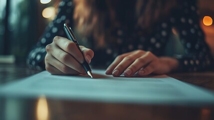 Female hands signing business documents on a wooden table Focus on signing contracts loans or work agreements in an office setting representing the role of an accountant or bank