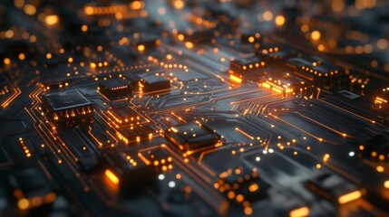 Fototapete - Detailed view of a circuit board with visible electrical wave patterns and glowing components