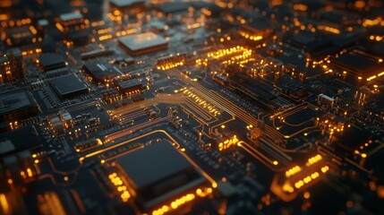 Fototapete - Detailed view of a circuit board with visible electrical wave patterns and glowing components