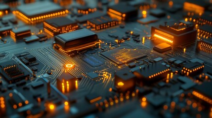 Fototapete - Detailed view of a circuit board with visible electrical wave patterns and glowing components