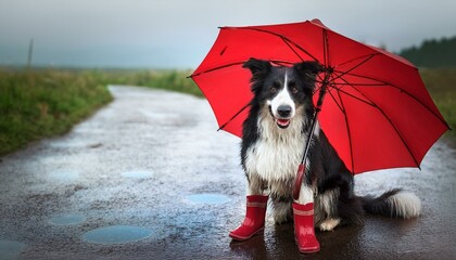 傘をさして長靴を履いている犬（A dog holding an umbrella and wearing rain boots）
